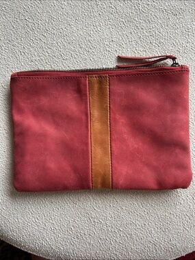 Able Red Leather Zip Pouch with Tan Center Stripe